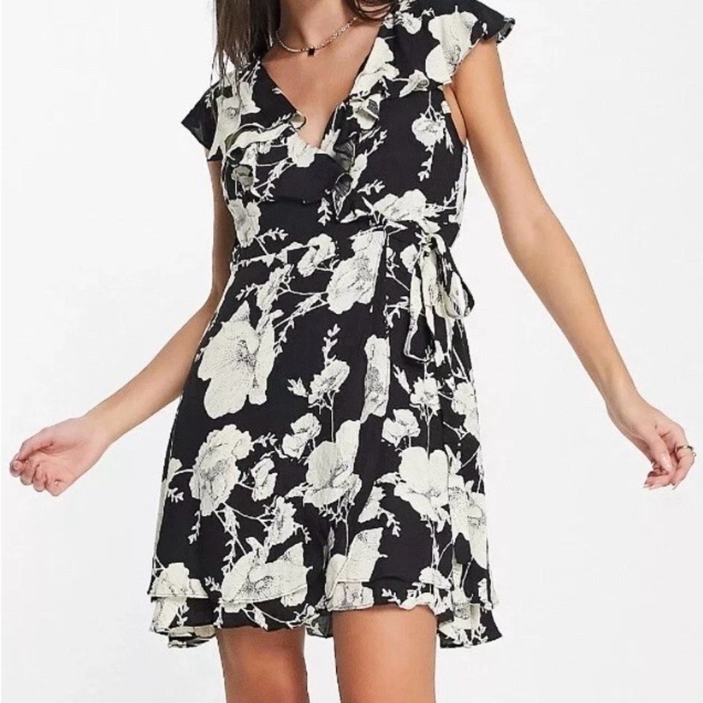 Free People Black and Cream Floral Wrap Mini Dress